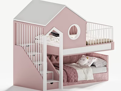 Pink House Shaped Bunk Bed With Upper Level Railing Round Window And Stairs 3d model