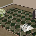 Square Rug In Green Beige Checkered Pattern On Light Wooden Floor With Flowers Magazines Clothes