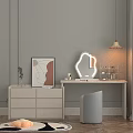 White Vanity Table With Curved Mirror Gold Lamp And Gray Stool On Wooden Floor
