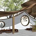 Traditional Wooden Pergola Design With Circular Windows Stone Flooring And Green Plants
