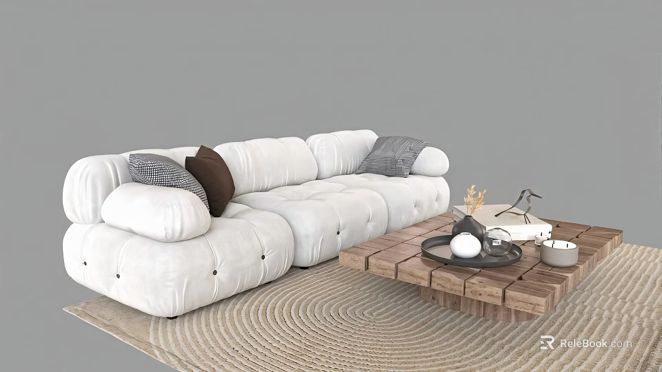 White Upholstered Sofa with Pillows and Wooden Coffee Table Set on Woven Rug 3d model 