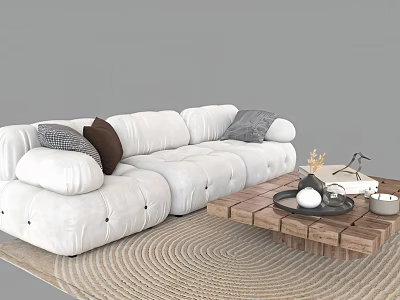 White Upholstered Sofa with Pillows and Wooden Coffee Table Set on Woven Rug 3d model