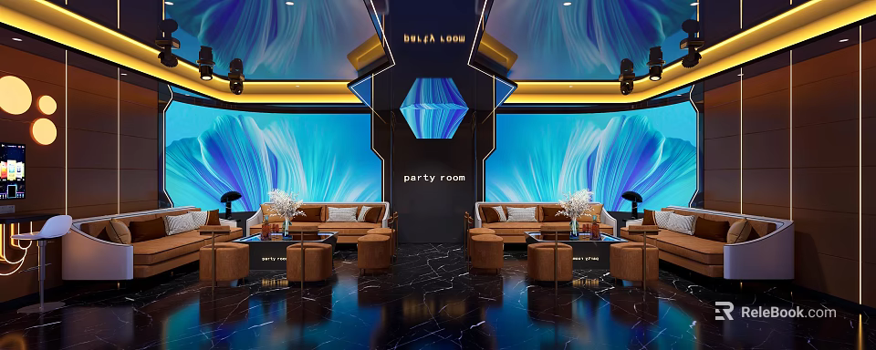 Modern KTV Party Room Interior With Comfortable Sofas And Colorful Lighting Design 3d model 