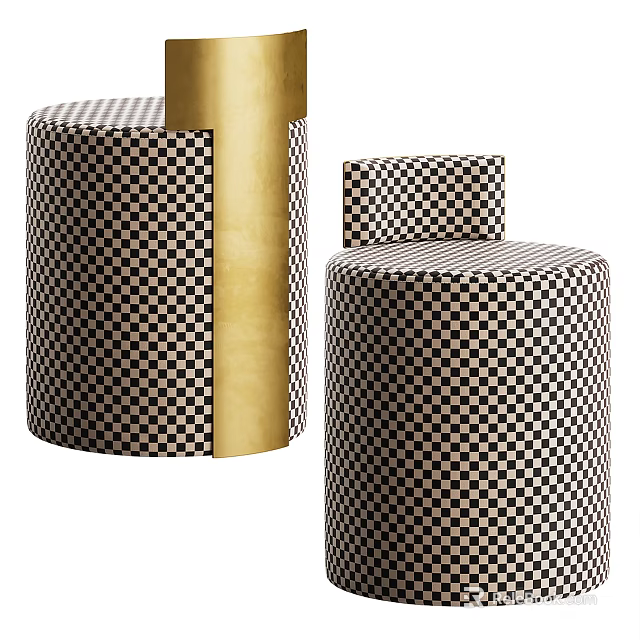 Modern Upholstered Sofa Stool With Black White Checkered Pattern And Gold Pillar Design 3d model 