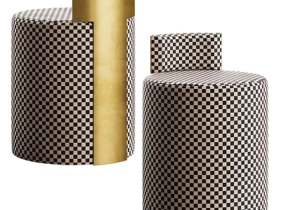 Modern Upholstered Sofa Stool With Black White Checkered Pattern And Gold Pillar Design 3d model