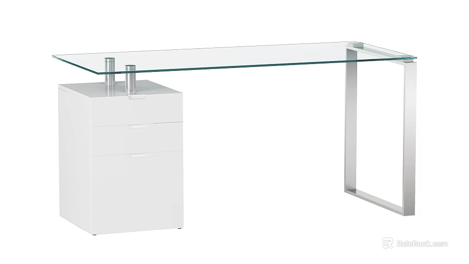 Modern Glass Top Desk With White Drawer Cabinet And Metal Frame 3d model 