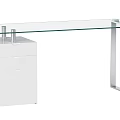 Modern Glass Top Desk With White Drawer Cabinet And Metal Frame