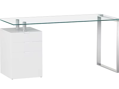 Modern Glass Top Desk With White Drawer Cabinet And Metal Frame 3d model