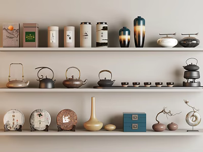 Decorative Ornament Set Featuring Tea Caddies Teapots Vases Boxes And Small Ornaments On Shelves 3d model