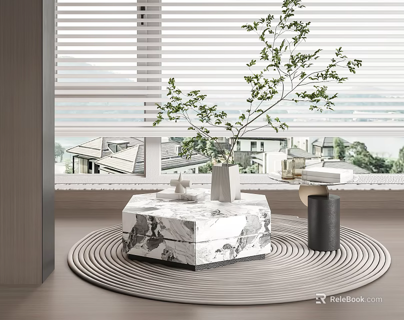 Modern Marble Coffee Table On Round Rug With Green Plant And Window View 3d model 