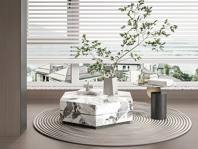Modern Marble Coffee Table On Round Rug With Green Plant And Window View 3d model