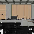 Modern Café with Wooden Walls Gray Pillars Ceiling Square Skylights Bar Counter Black Tables Benches