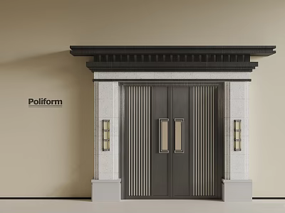 Poliform Black Double Entrance Door With Vertical Stripe Design White Stone Frame And Decorative Cornice 3d model