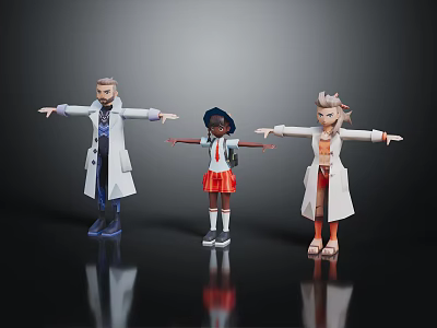 Three Characters With Outstretched Arms Girl With Backpack And Biological Figure In White Coat 3d model