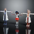 Three Characters With Outstretched Arms Girl With Backpack And Biological Figure In White Coat