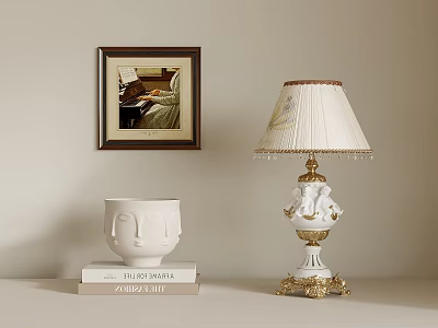 Interior Decor With Framed Piano Painting Table Lamp Ceramic Vase And Books 3d model