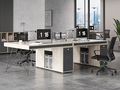 Modern Office Desk With Computer Monitors Black Chairs Drawers Bookshelf Plant And City View 3d model