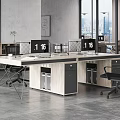 Modern Office Desk With Computer Monitors Black Chairs Drawers Bookshelf Plant And City View