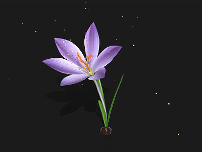 Purple Crocus Flower With Green Stem On Black Background And Golden Sparkles 3d model