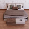 Modern Double Bed With Upholstered Headboard Multiple Pillows And Bench On Wooden Floor