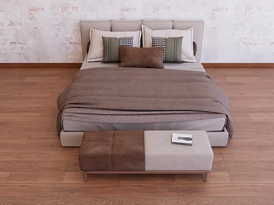 Modern Double Bed With Upholstered Headboard Multiple Pillows And Bench On Wooden Floor 3d model