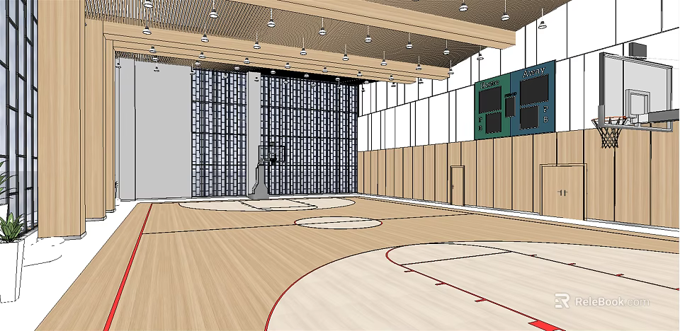 Modern Basketball Gymnasium With Wooden Floor Hoops Scoreboard Large Windows And Lighting 3d model 