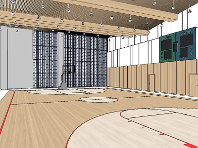 Modern Basketball Gymnasium With Wooden Floor Hoops Scoreboard Large Windows And Lighting 3d model