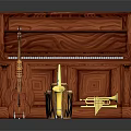 Collection Of Musical Equipment Featuring Mahogany Upright Piano Violins Guitars Saxophone Drum And Trumpet