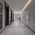 Modern Office Corridor Interior With Striped Ceiling Polished Tile Floor And Wooden Doors