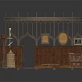 Medieval Interior Scene With Wooden Screen Tapestry Candle Holder Bench And Bookshelf