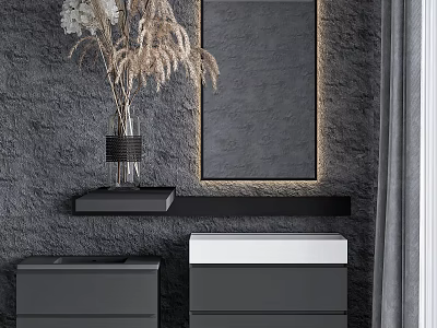 Modern Bathroom Vanity Set With Gray Wall Gold Frame Mirror Black Shelf And Dried Plants 3d model