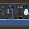 Wooden Display Cabinet With Men's Shirts Suits Bags Shoes And Blue Panel