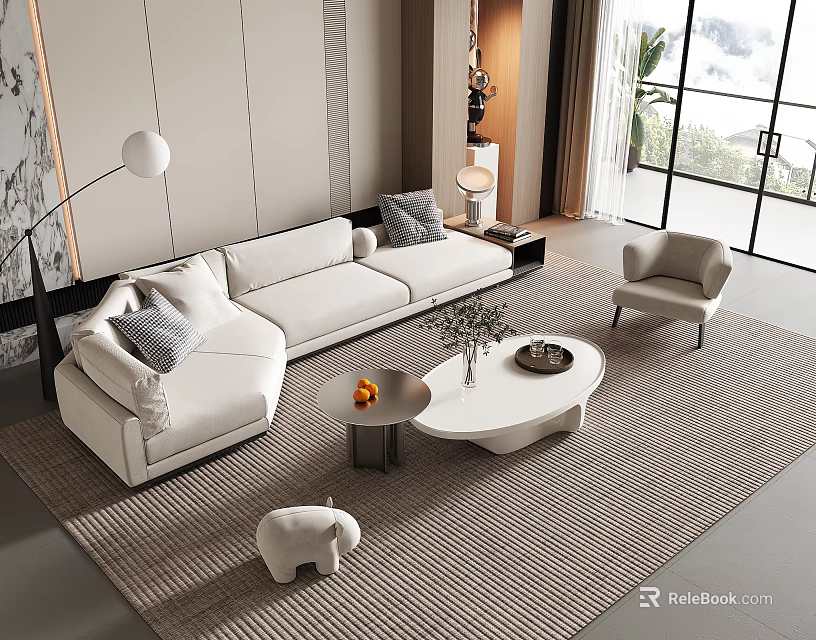 Modern White Sectional Sofa And Coffee Tables With Throw Pillows Floor Lamp And Armchair 3d model 