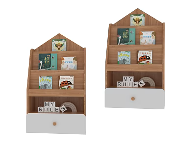 House Shaped Wooden Bookshelf With Shelves Drawer And MY RULE Letters 3d model