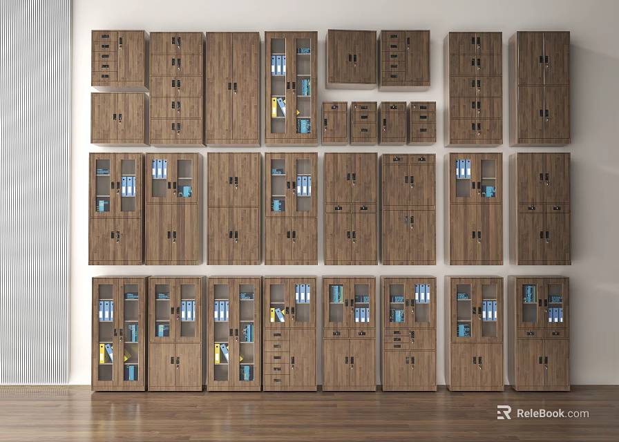 Modern Wooden Storage Cabinets With Glass Doors And Organized Interior 3d model 