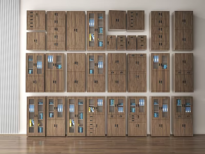 Modern Wooden Storage Cabinets With Glass Doors And Organized Interior 3d model