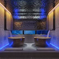 Luxurious SPA Sauna Interior With Wooden Ceiling Massage Chairs And Ambient Lighting
