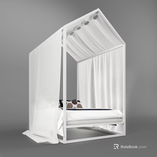 Children's White Canopy Bed with Modern Frame Curtains and Decorative Pillows 3d model 