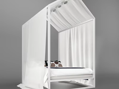 Children's White Canopy Bed with Modern Frame Curtains and Decorative Pillows 3d model