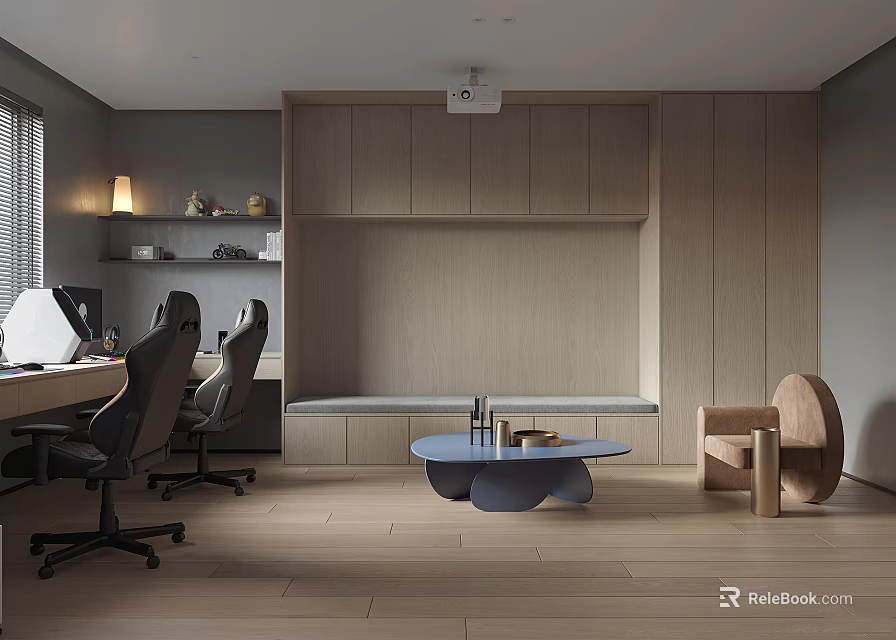 Modern Study Room Interior Design With Wooden Desk Office Chairs And Storage Cabinets 3d model 