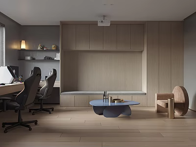 Modern Study Room Interior Design With Wooden Desk Office Chairs And Storage Cabinets 3d model