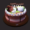 Sleeping Girl Decoration On Chocolate Birthday Cake With Whipped Cream Green Leaf And Happy Birthday Sign