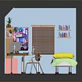 Bedroom Interior With Bed Desk Bookshelf Posters Wooden Floor And Window Blinds
