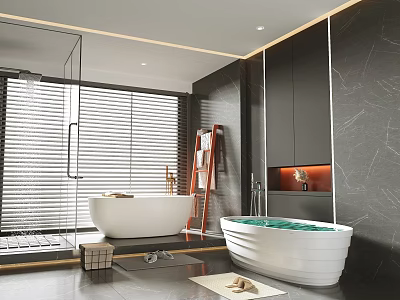 White Freestanding Bathtub In Modern Bathroom With Black Marble Walls And Wooden Ladder 3d model