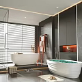 White Freestanding Bathtub In Modern Bathroom With Black Marble Walls And Wooden Ladder