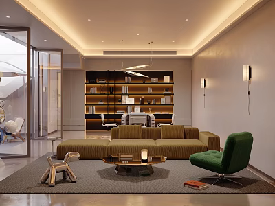 Modern Lounge Room with L-shaped Sofa Green Accent Chair Coffee Table Bookshelf and Pendant Lighting 3d model