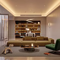Modern Lounge Room with L-shaped Sofa Green Accent Chair Coffee Table Bookshelf and Pendant Lighting