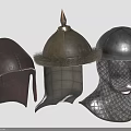Medieval Warrior Helmets In Leather And Metal With Fur Trim And Grid Designs