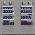 Double Layered Metal Swing Door Storage Racks With Blue White Bottles And Dark Base