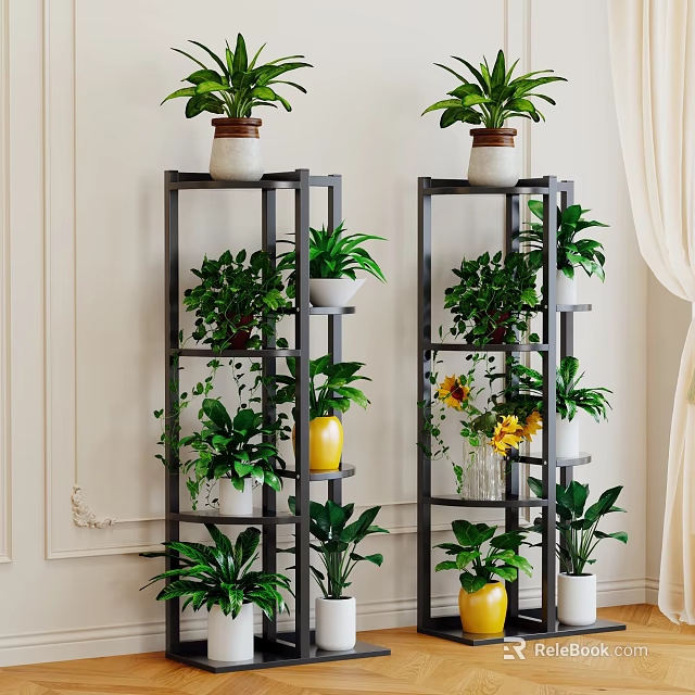 Indoor Potted Plants Display On Black Multi tier Plant Stands With Greenery And Yellow White Pots 3d model 